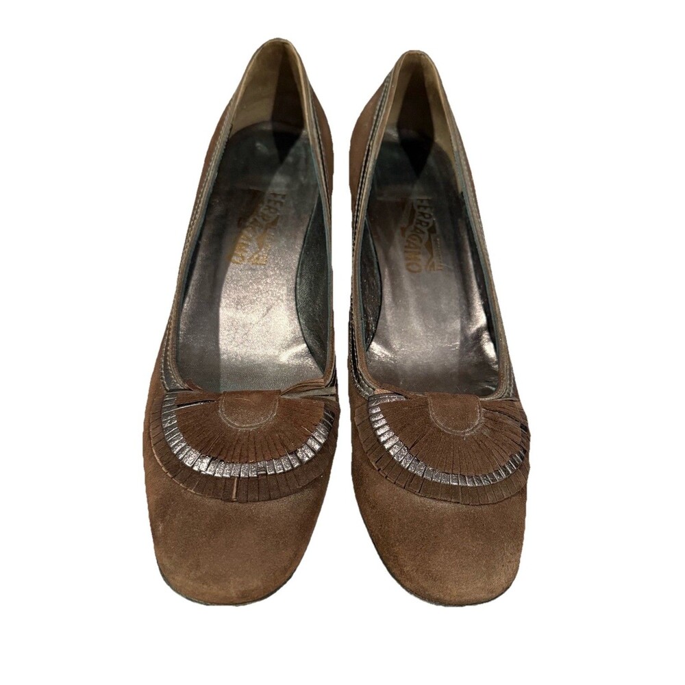 SALVATORE FERRAGAMO Pumps Heels Size 11B Brown Suede Fringe ITALY